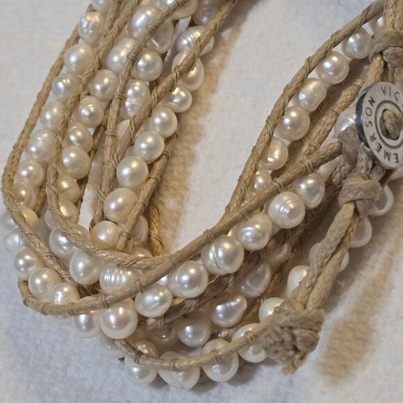 Victoria Emerson Tan Leather and Pearls Wrap Bracelet, 36" Long K338 New - Picture 6 of 6